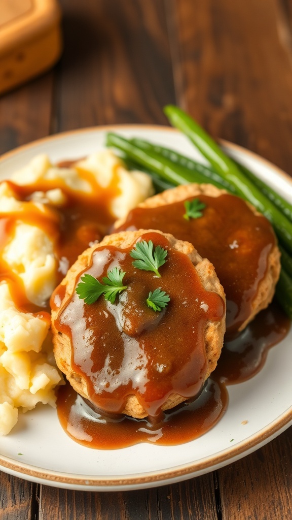 Beef patties with gravy on a plate, served with mashed potatoes and green beans.